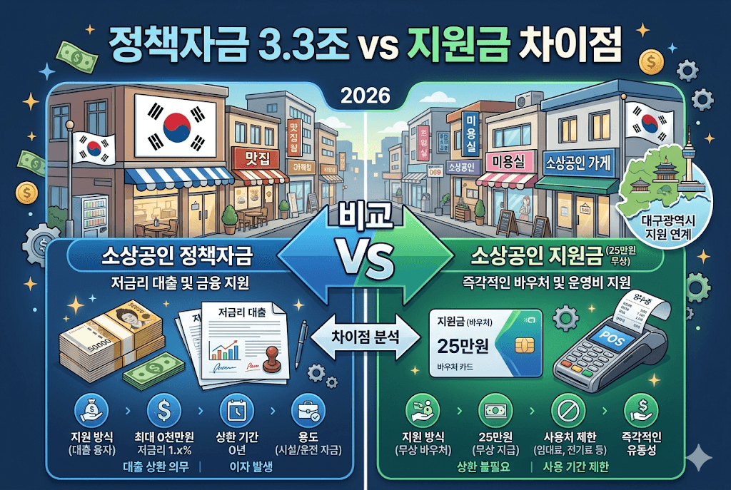 2026 소상공인 정책자금 3.3조 vs 지원금 차이점 | 대출 vs 무상 25만원 완벽 비교 (2026.4.16 기준)