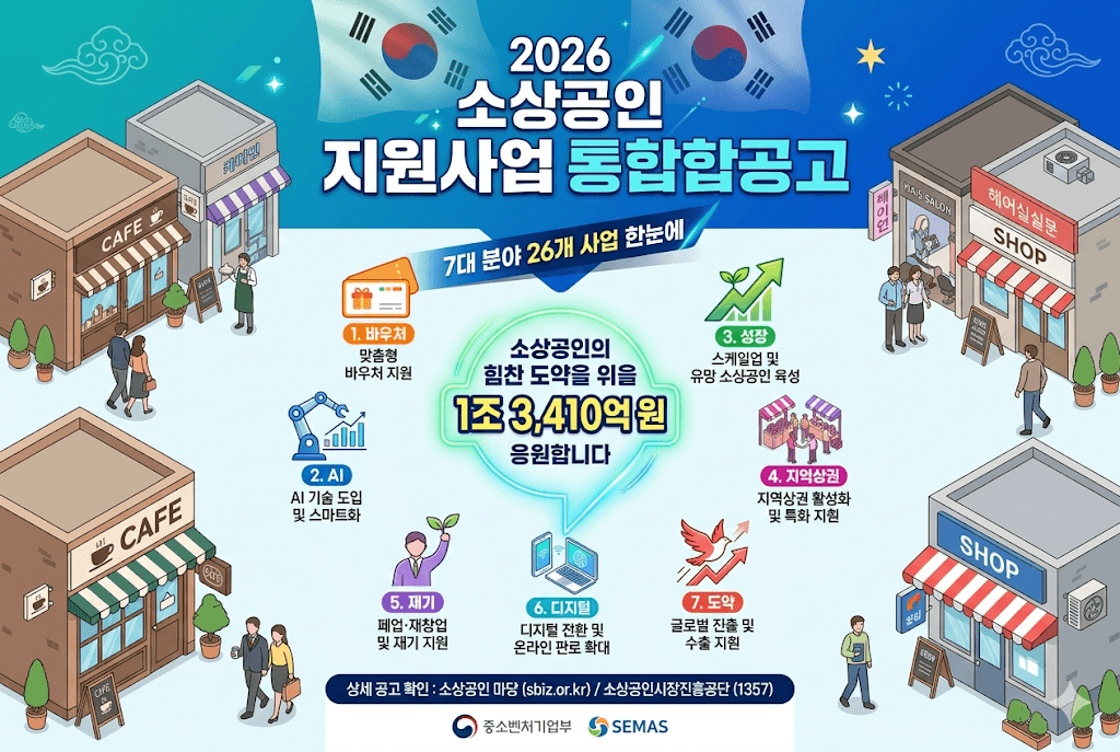 2026년 소상공인 지원사업 통합공고 완전 정리 | 7대 분야 26개 사업 한눈에 (자격·혜택·신청방법·4월15일 최신)